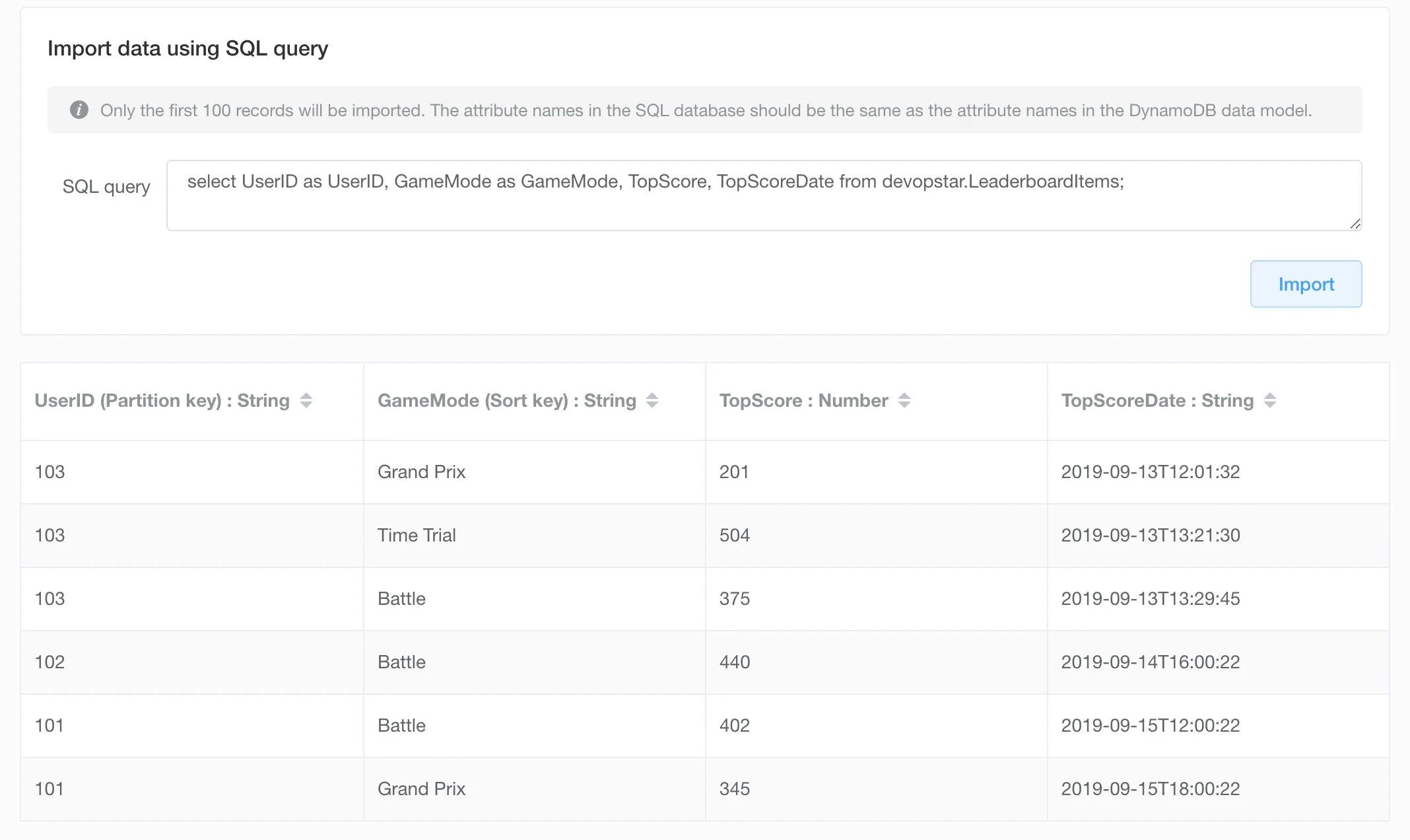 NoSQL Workbench SQL data import