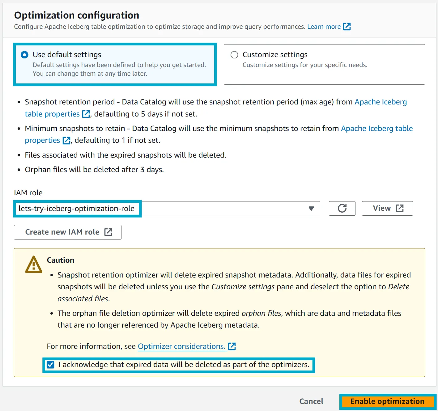 Select optimization role and enable