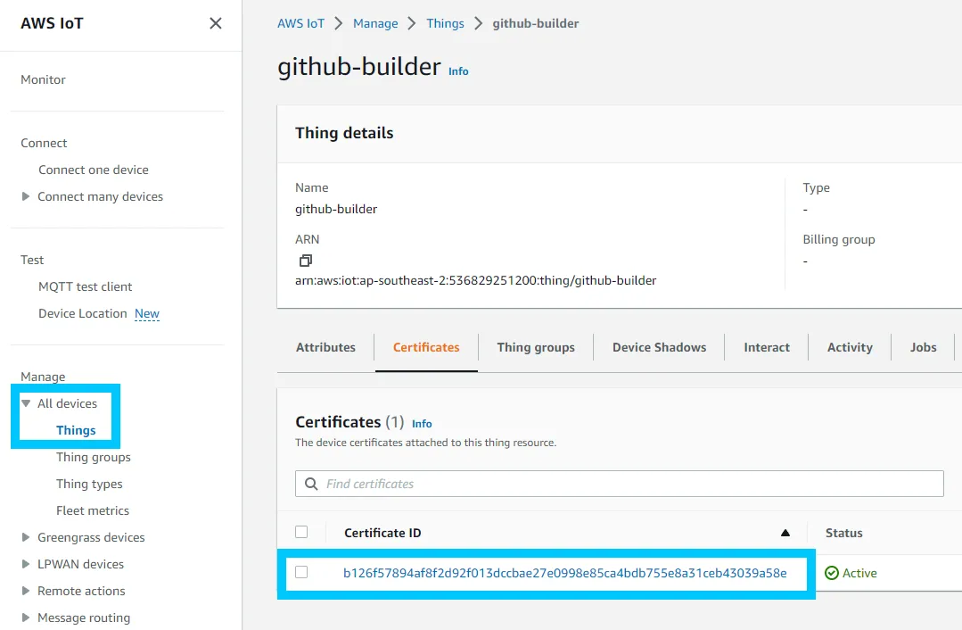 Open the certificate attached to your thing in a new tab
