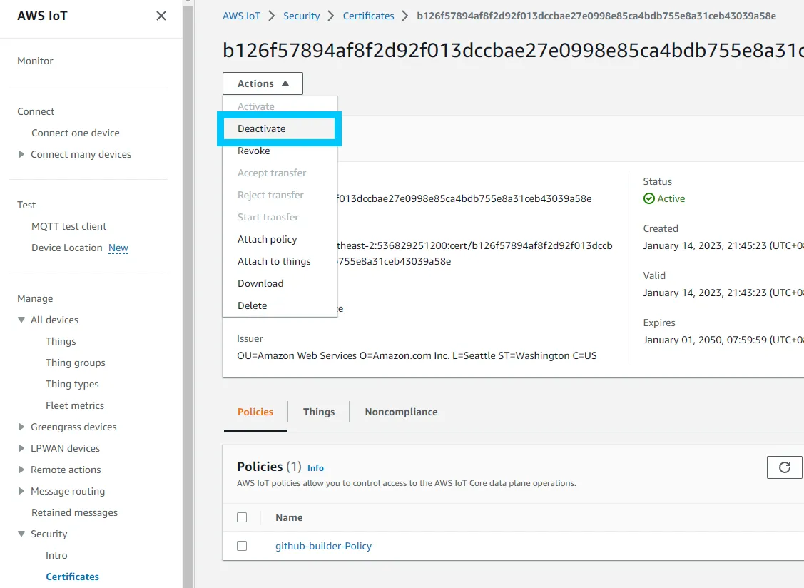 Certificate deactivation