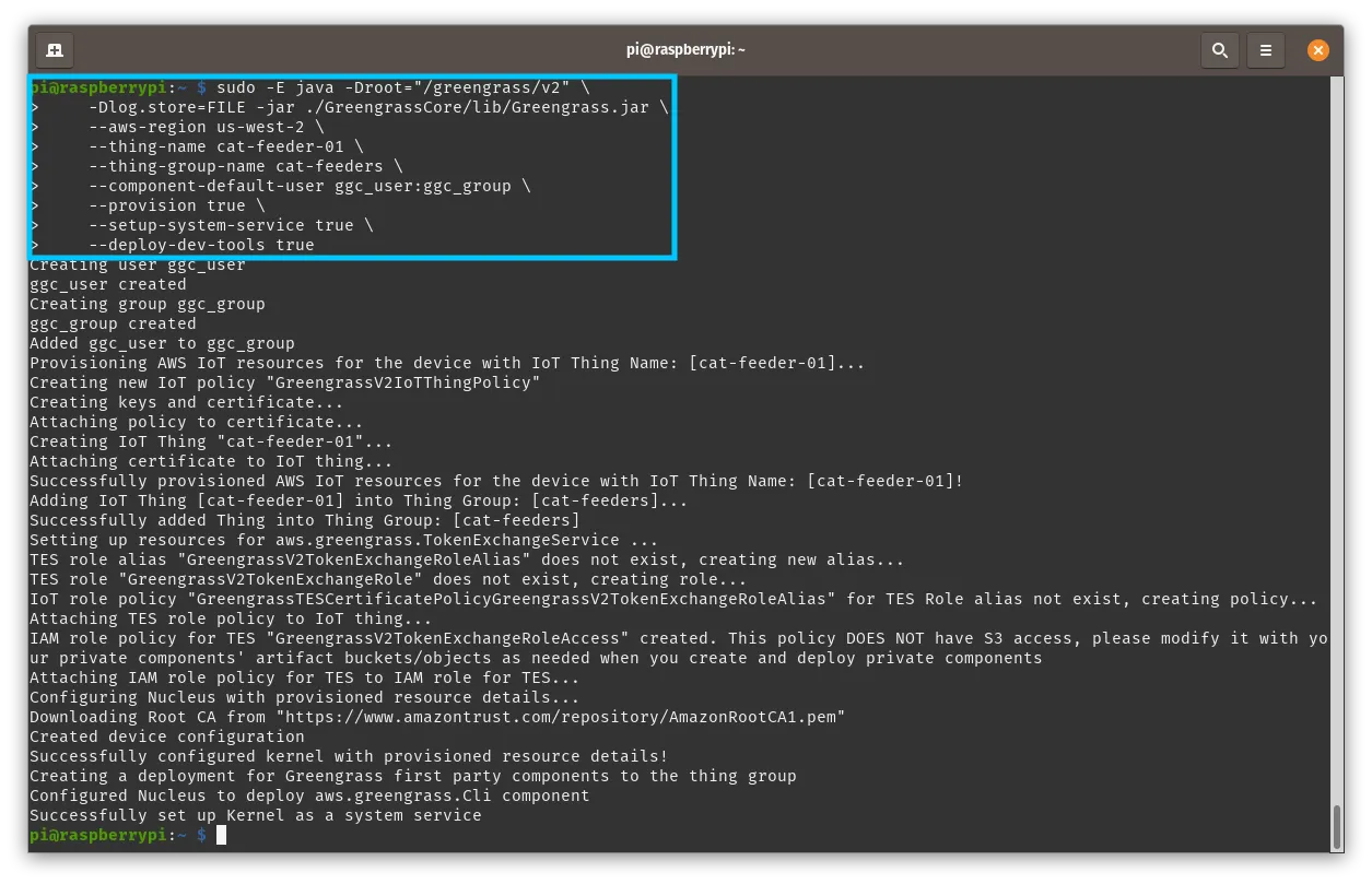 AWS IoT Greengrass V2 Deployment command output