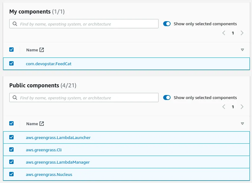 AWS IoT Greengrass V2 select new components for deploy