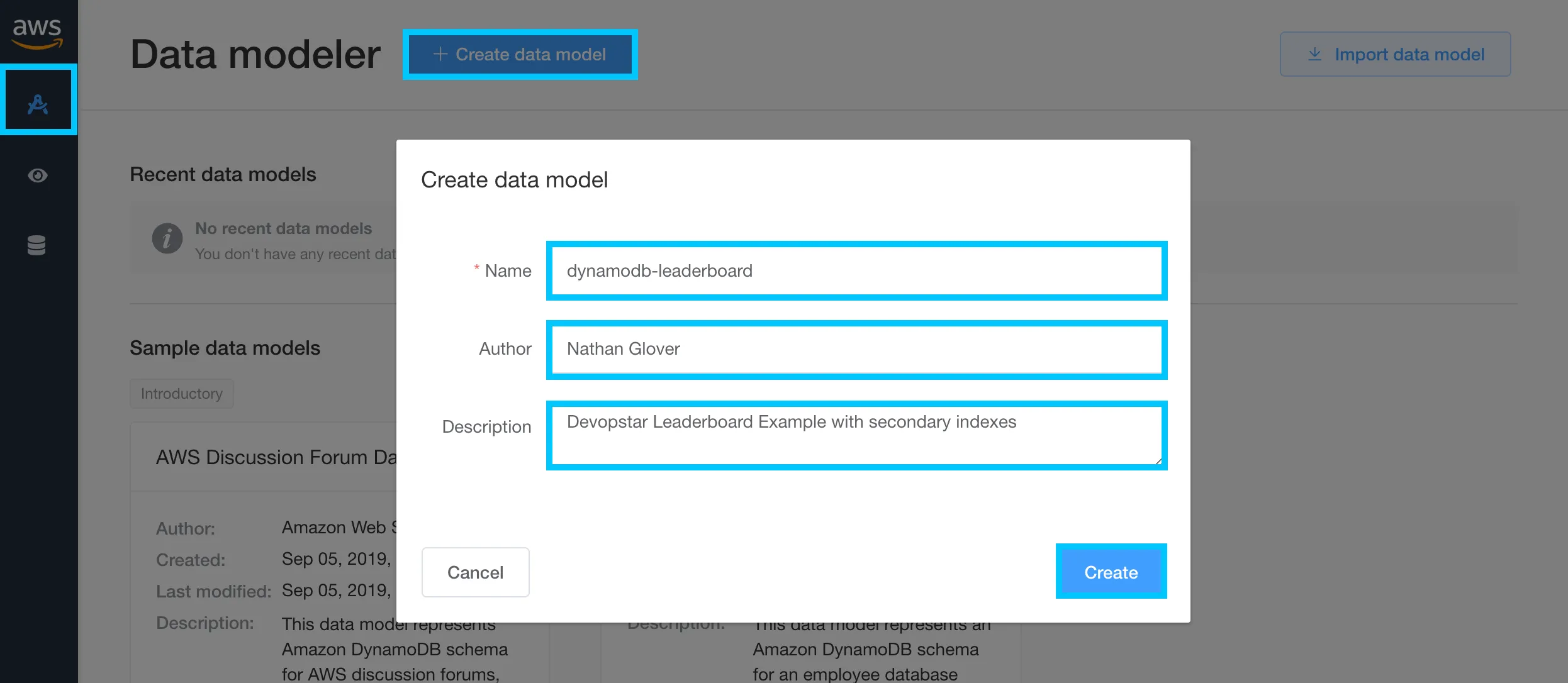 NoSQL Workbench create model
