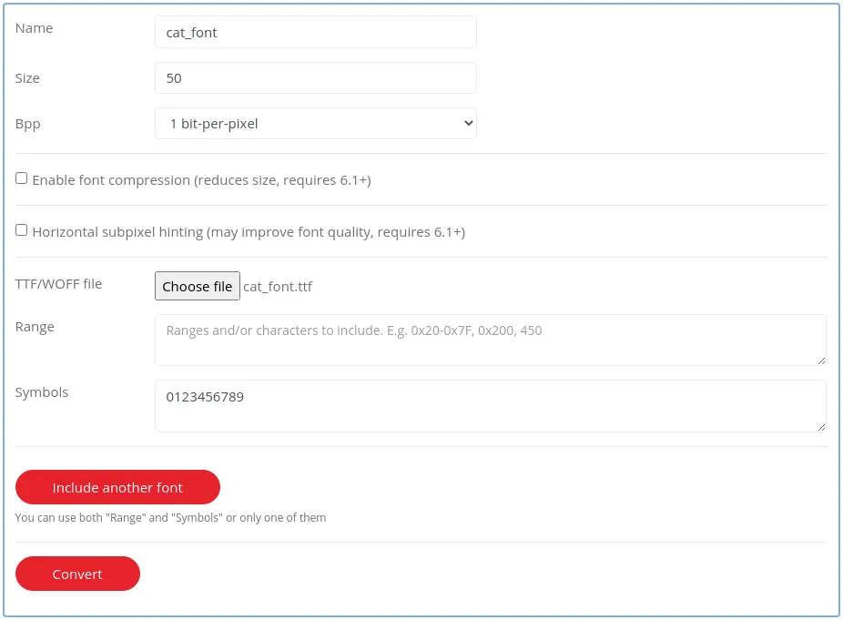 LVGL fontconverter settings