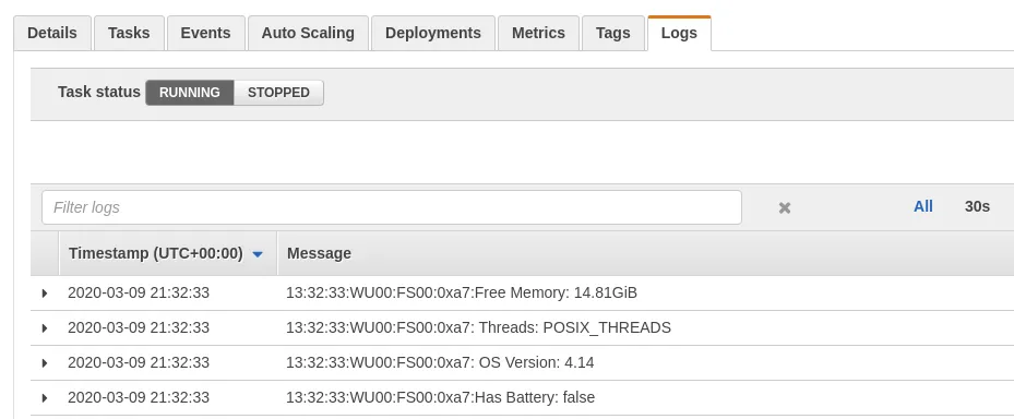 CDK COVID-19 Fargate service logs