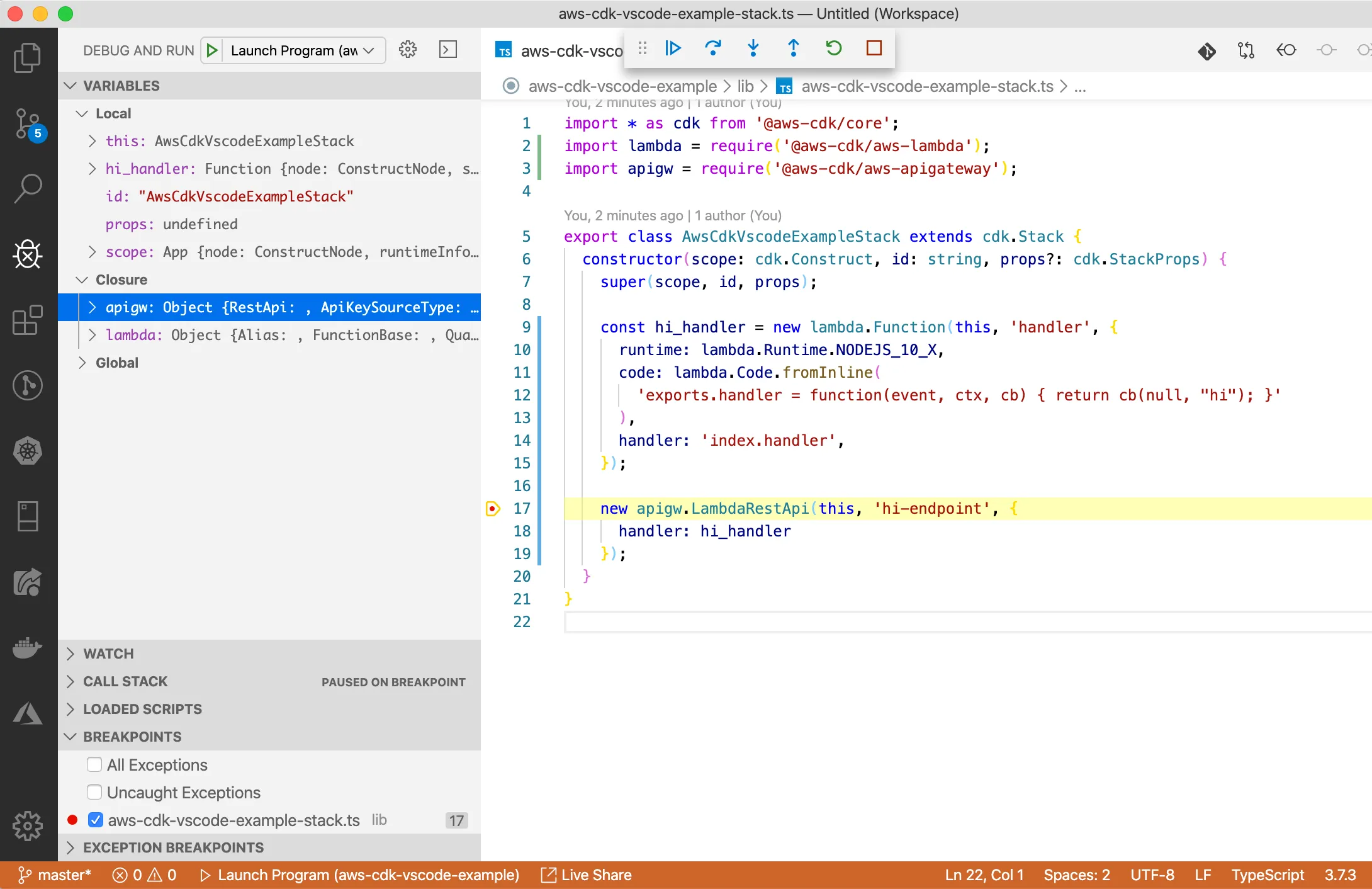 VSCode CDK debugging callstack