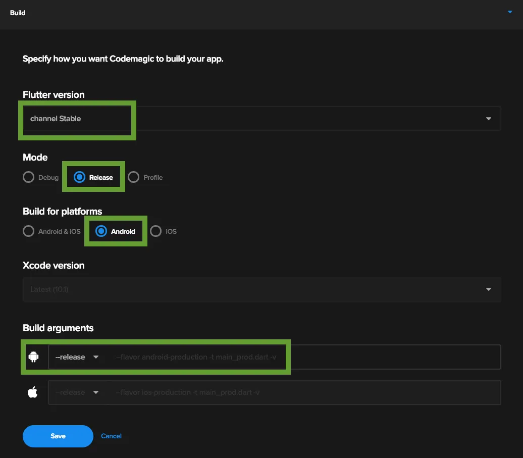 CodeMagic build settings