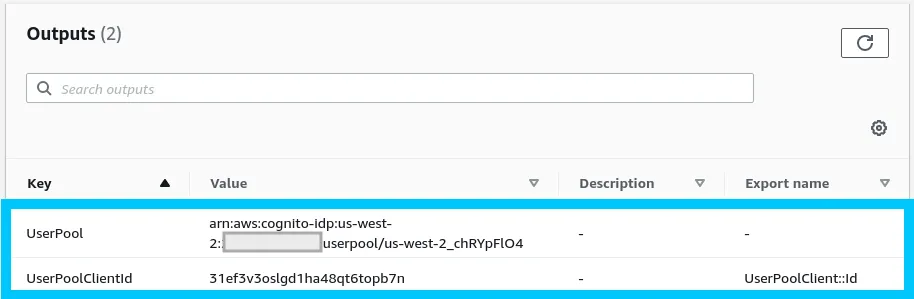 Cognito CloudFormation stack outputs
