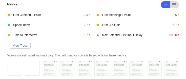 Example of results from Lighthouse
