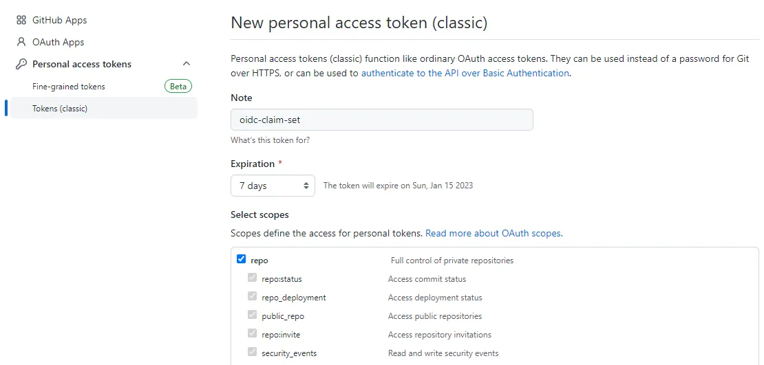 Personal Access Token scopes