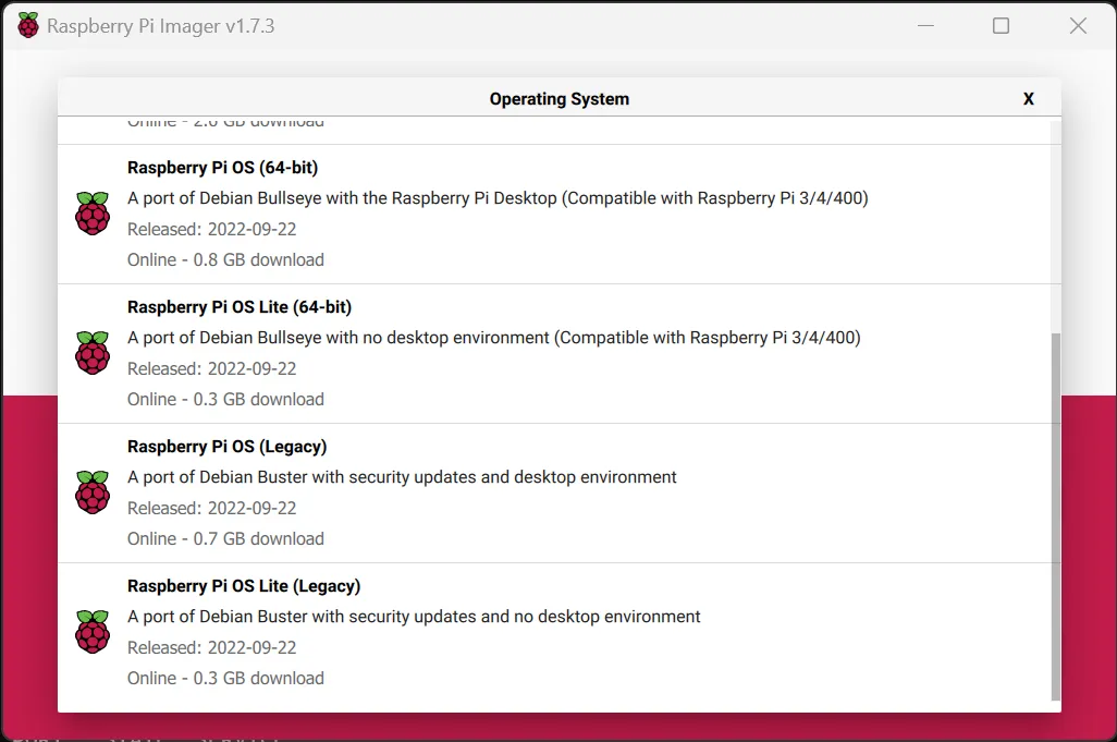 Select the version of Raspberry Pi OS to flash
