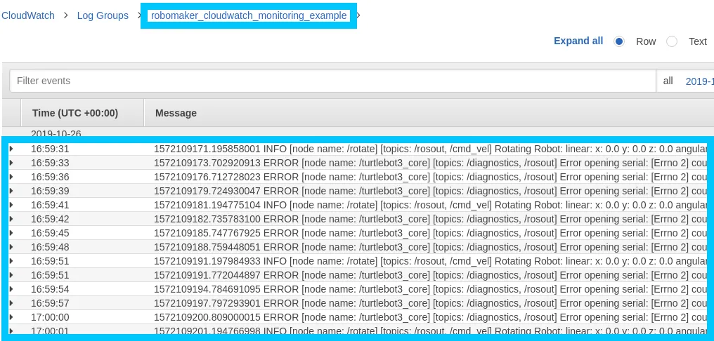 RoboMaker Deployment CloudWatch logs