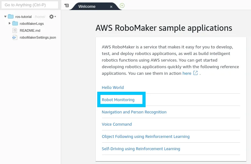 Cloud9 RoboMaker Environment CloudWatch Project