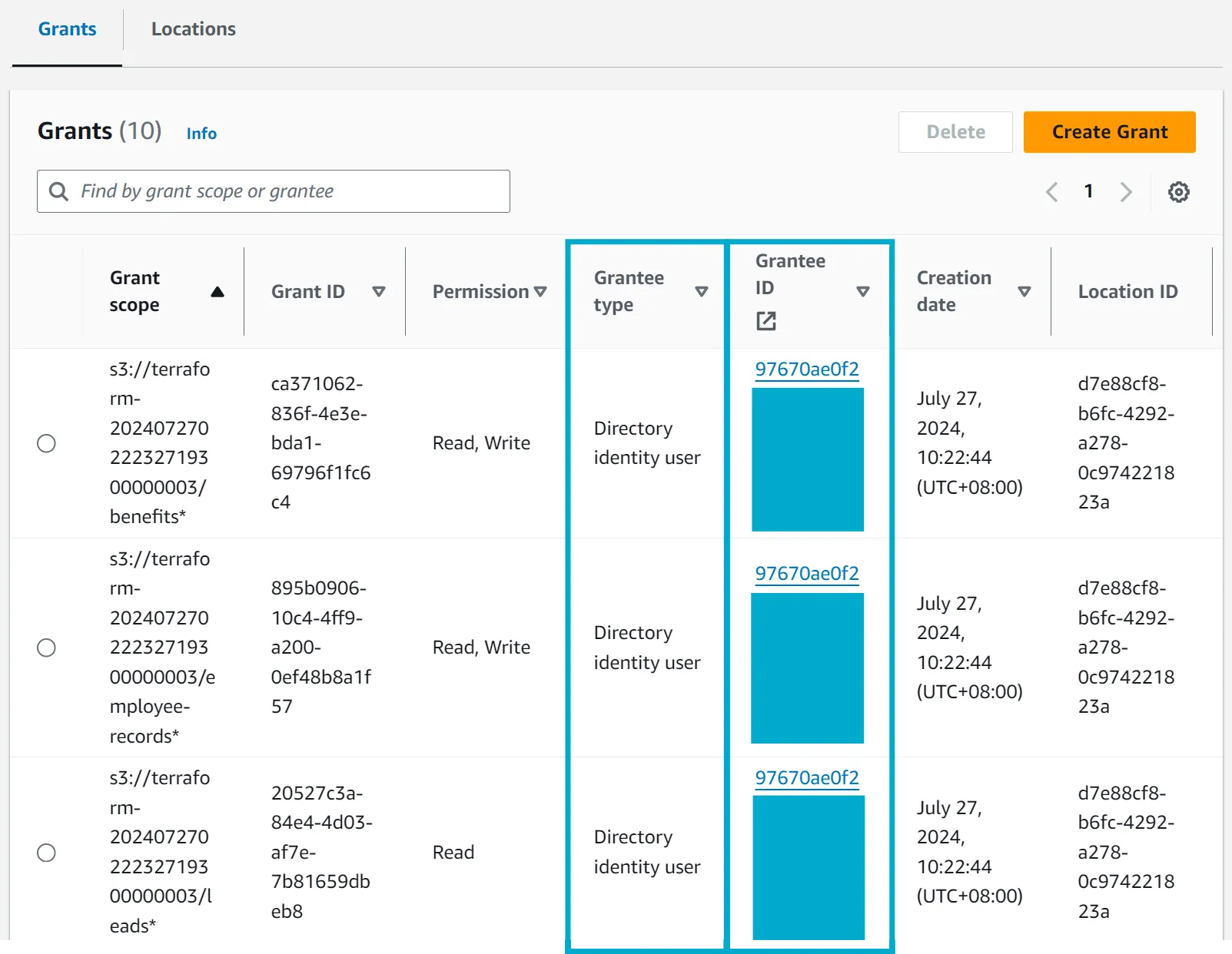 S3 Access Grants console with directory user grant