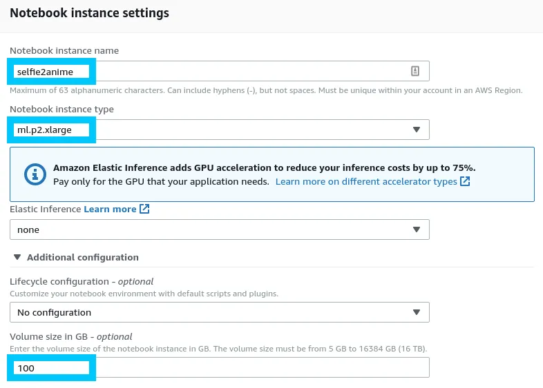 AWS SageMaker Notebook instance settings