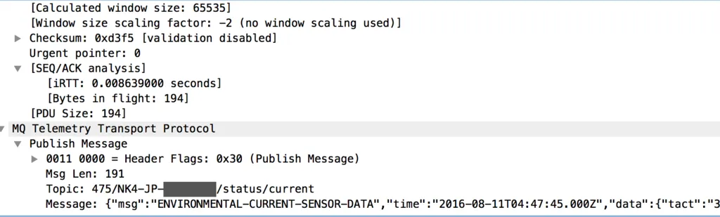 Wireshark packet capture of MQTT payload when communicating with the fan