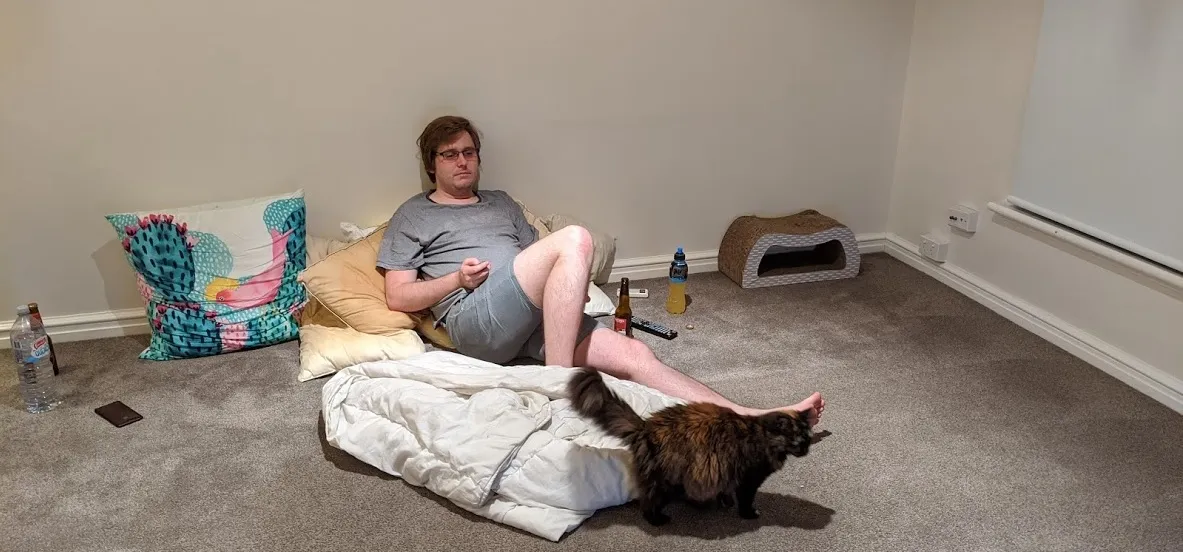 Playing Switch with no Furniture plus Cat