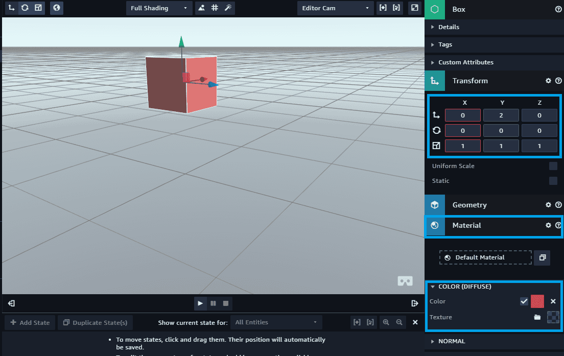 aws sumerian scene box config
