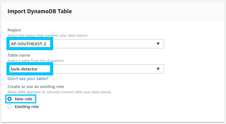 AppSync import existing DynamoDB table selection