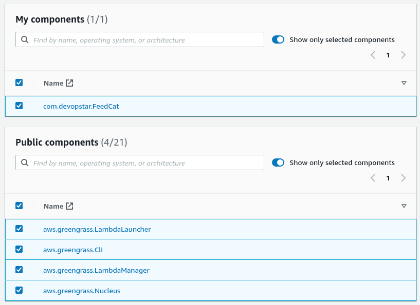 AWS IoT Greengrass V2 select new components for deploy