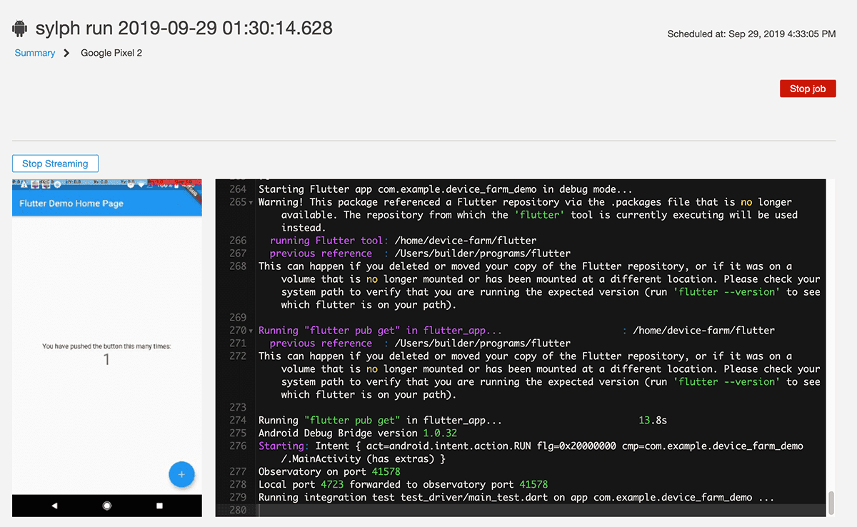 AWS Device Farm test running status