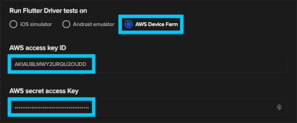AWS Device Farm credentials in Codemagic