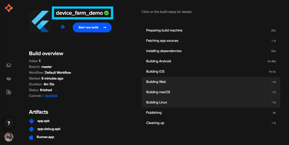 Codemagic Sample build task complete