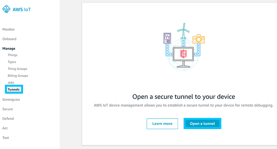 AWS IoT Secure tunnel open tunnel button