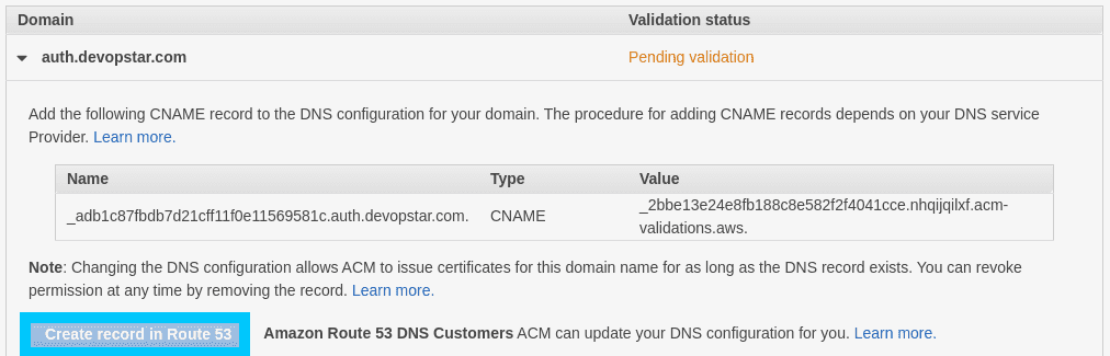 AWS Certificate Manager Route53 records