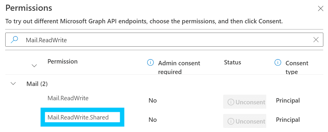 Permission consent for shared mailbox