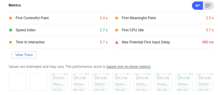 Example of results from Lighthouse