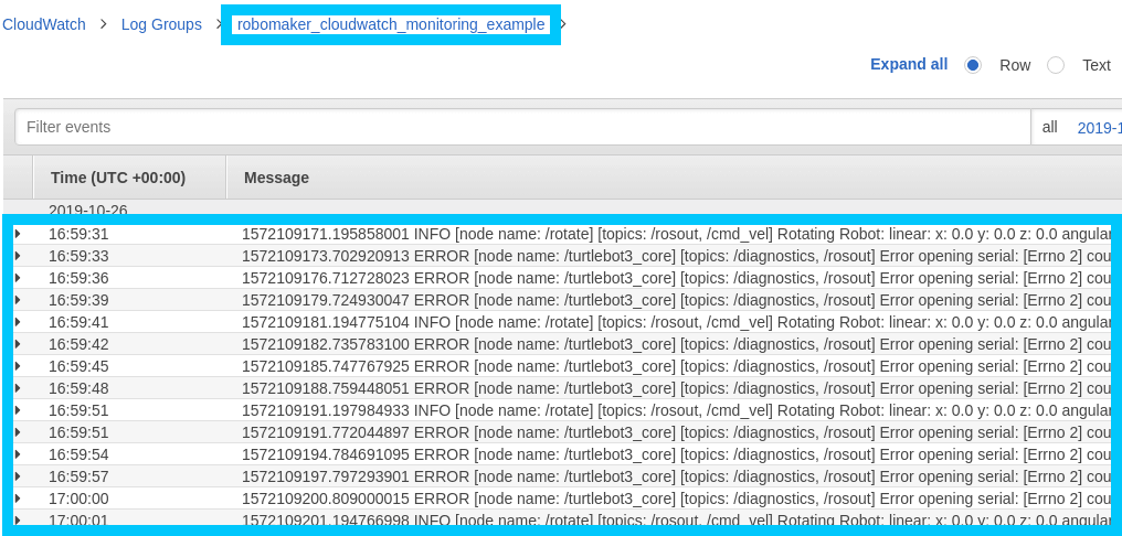 RoboMaker Deployment CloudWatch logs