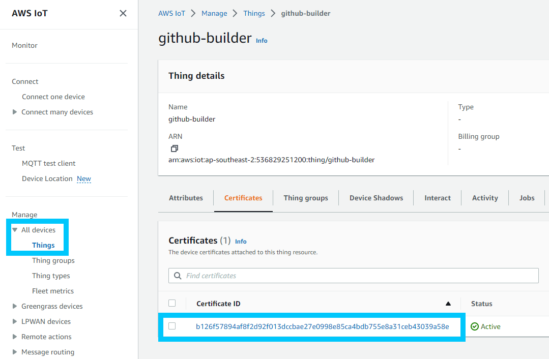 Open the certificate attached to your thing in a new tab