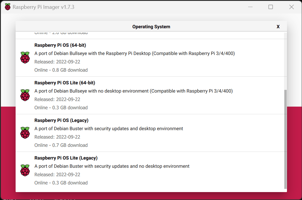 Select the version of Raspberry Pi OS to flash