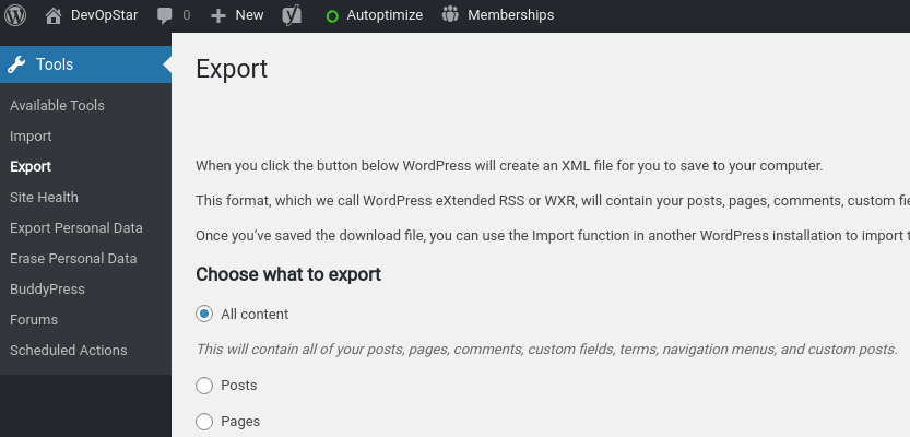 WordPress exporting content