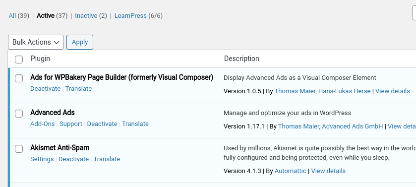 WordPress plugin list