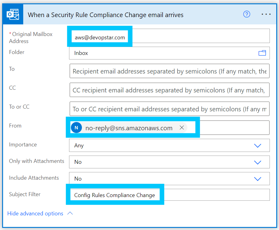 Filter incoming emails to match a from address and subject