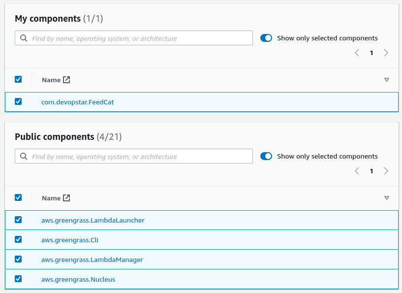 AWS IoT Greengrass V2 select new components for deploy