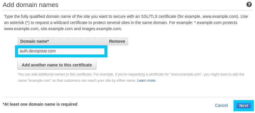 AWS Certificate Manager request domain