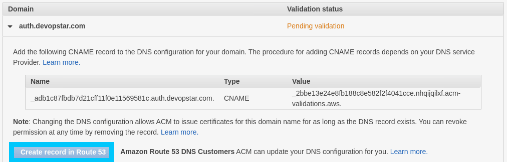 AWS Certificate Manager Route53 records