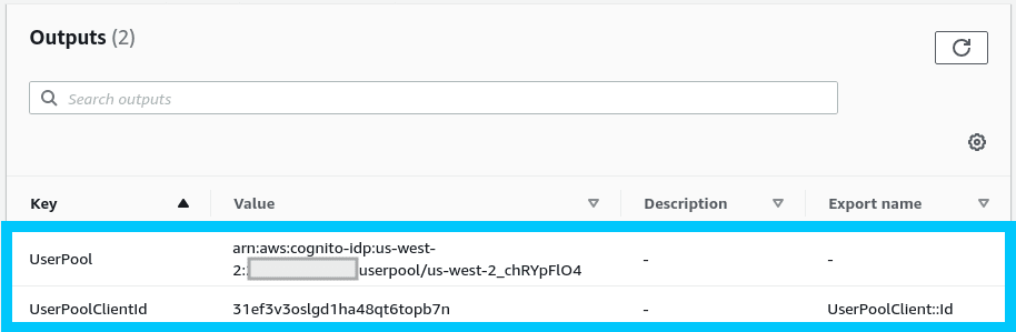 Cognito CloudFormation stack outputs