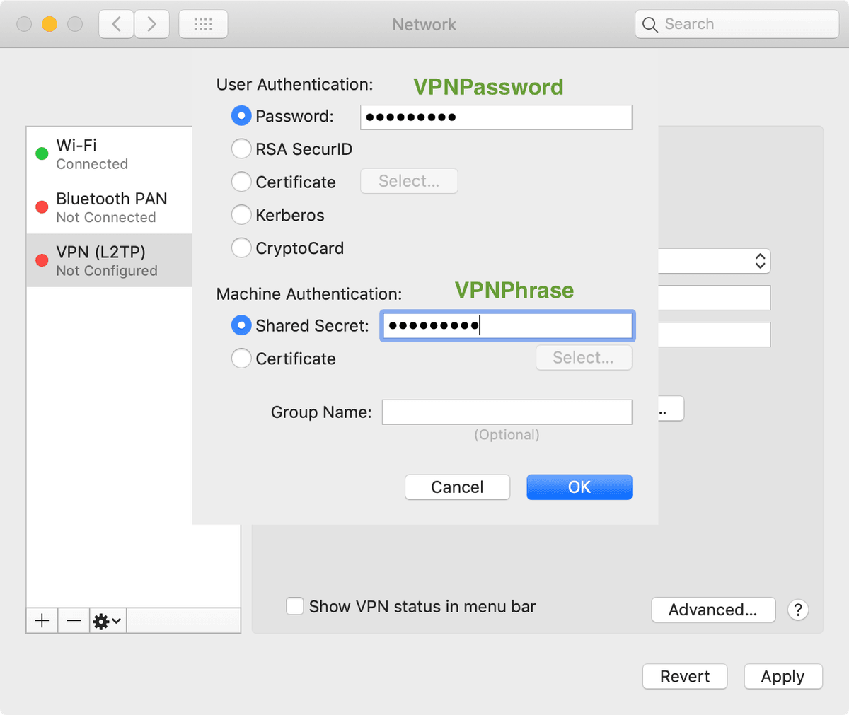 VPN Interface configuration vpn passphrases