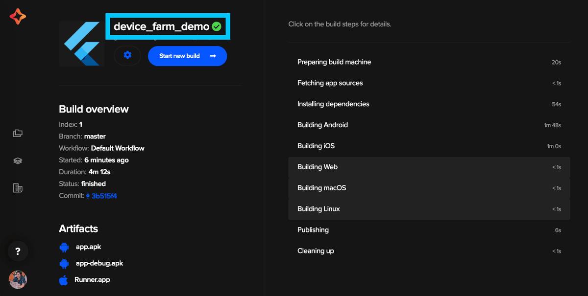Codemagic Sample build task complete